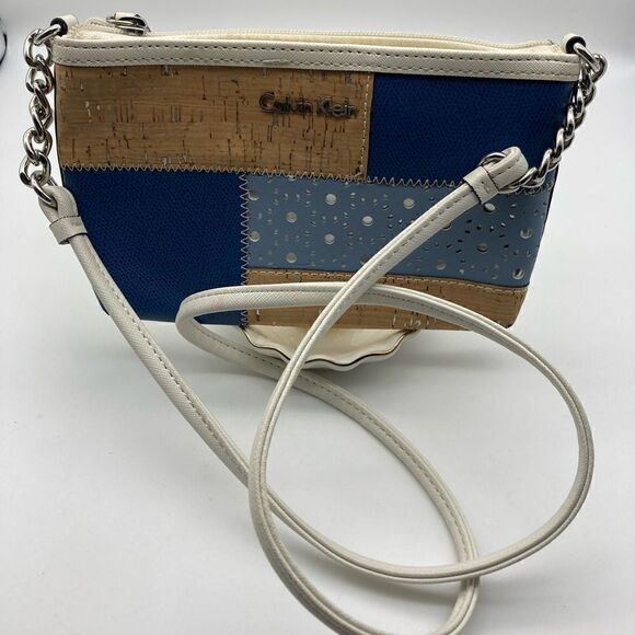 Calvin Klein Saffiano Cork Patchwork Crossbody Blue/Tan Color - Picture 1 of 9